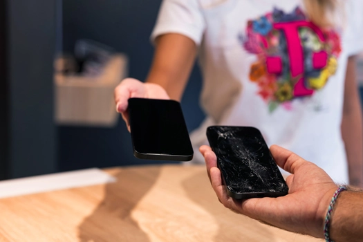 Ein neues Smartphone wird im Telekom-Shop gegen ein altes, defektes Handy getauscht.