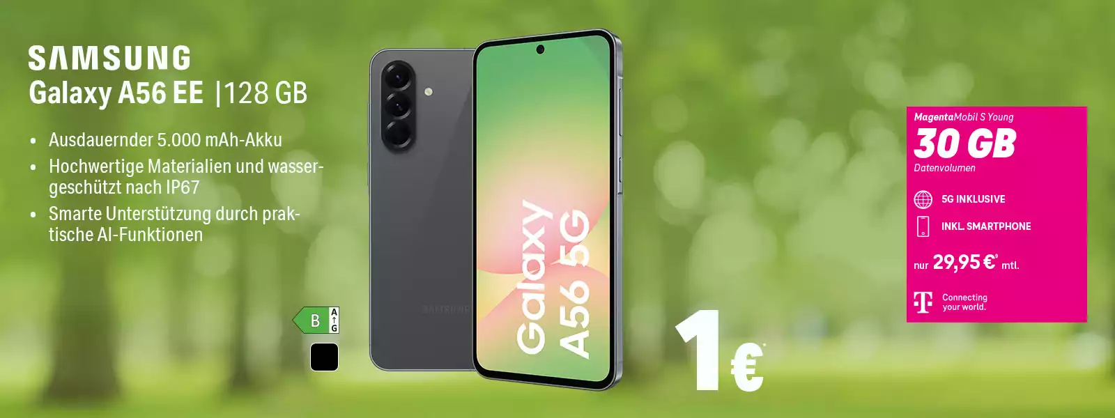 Werbebanner: Samsung Galaxy A56 EE 128 GB Smartphone mit 30 GB 5G Tarif