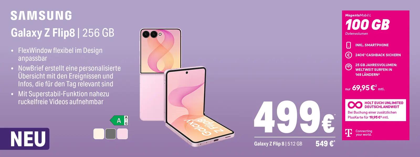 Werbebanner: Samsung Galaxy Z Flip8 Klapphandy mit MagentaMobil-Tarif.