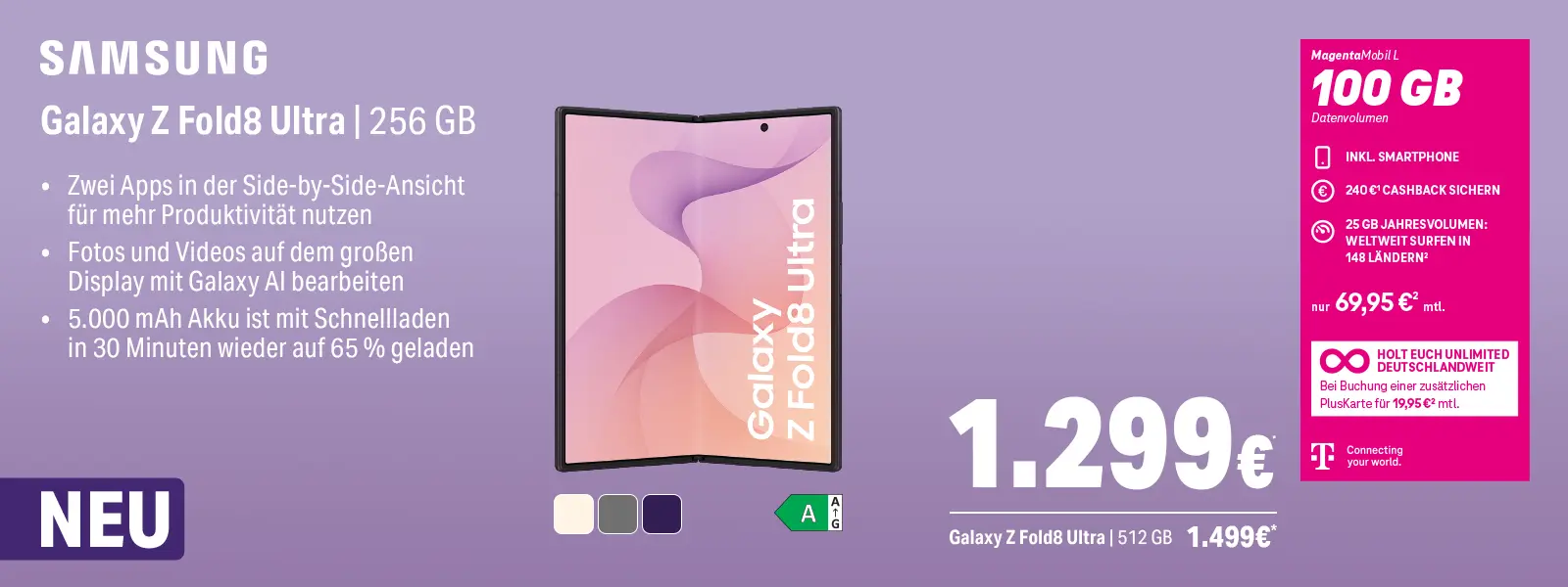 Werbebanner Samsung Galaxy Z Fold8 Ultra 256 GB mit Tarifdatenvolumen 100 GB