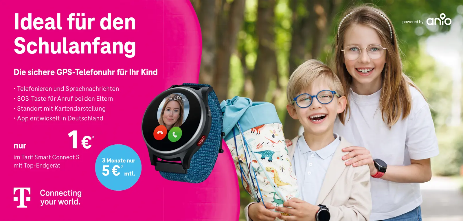 Werbebanner: GPS-Telefonuhr für Kinder zum Schulanfang, zwei Kinder mit Ranzen