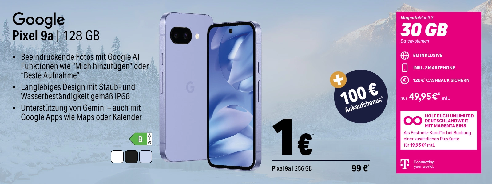 Google Pixel 9a Smartphone mit 128 GB, KI-Funktionen, IP68 Schutz, 5G Tarifangebot.