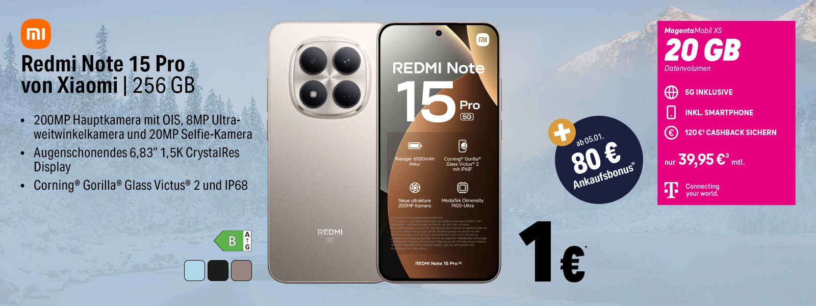 Das Bild zeigt das Xiaomi Redmi Note 15 Pro mit 256 GB und MagentaMobil XS Tarif-Angebot.
