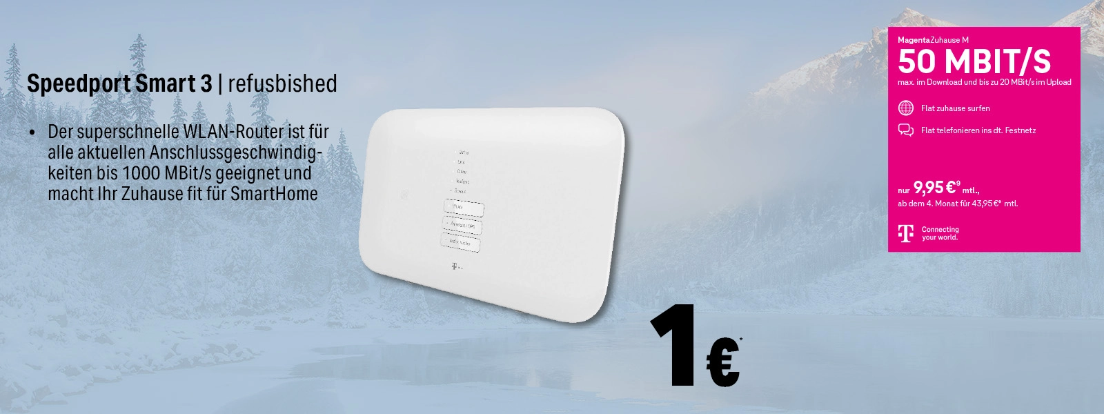Telekom-Angebot für Speedport Smart 3 WLAN-Router refurbished mit 50 MBit/s DSL-Tarif.