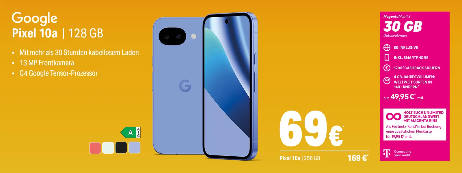 Werbebanner: Google Pixel 10a Smartphone, MagentaMobil S 30 GB 5G Tarif