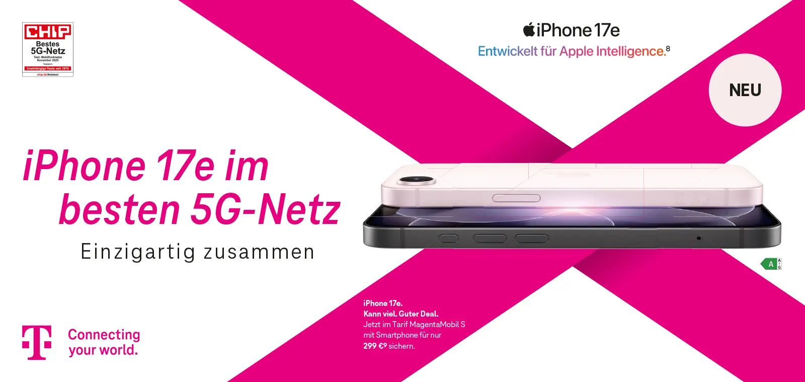 Telekom Werbung: iPhone 17e im besten 5G-Netz, Smartphone seitlich gezeigt