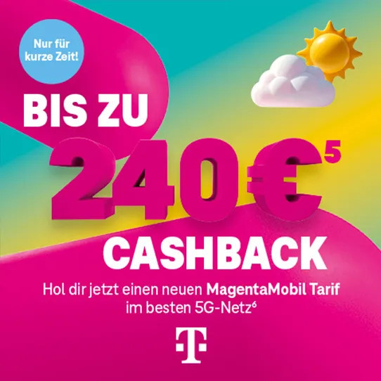 MagentaMobil Aktion: Cashback-Angebot, Schriftzug und Magenta Telekom Logo.